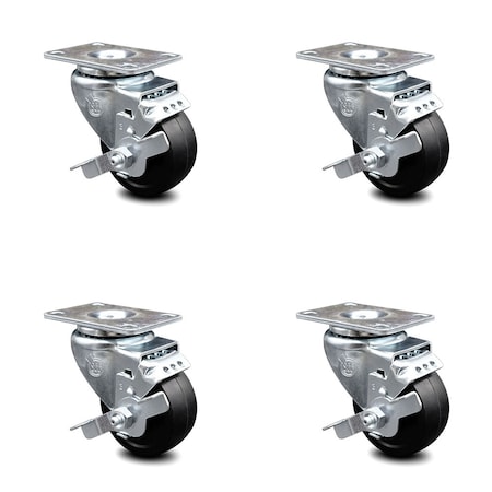 Service Caster 3.5 Inch Soft Rubber Wheel Swivel Top Plate Caster Set with Brake SCC-20S3514-SRS-TLB-TP2-4